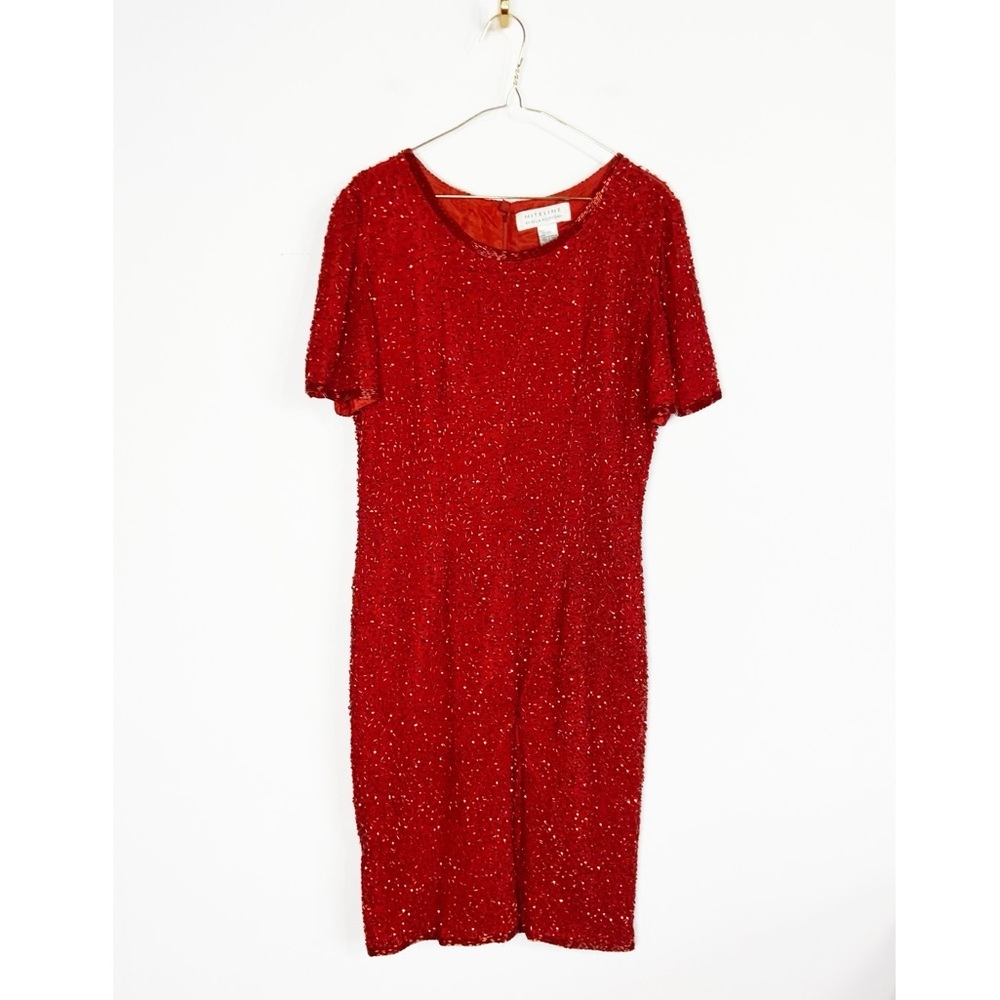 Vtg Pantsuit Niteline by Della Roufogali Red Silk Beaded One Piece Formal size M